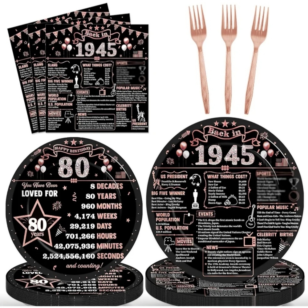 1945 Themed Decorative Disposable Paper Plates, Plastic Forks, Napkins Set New